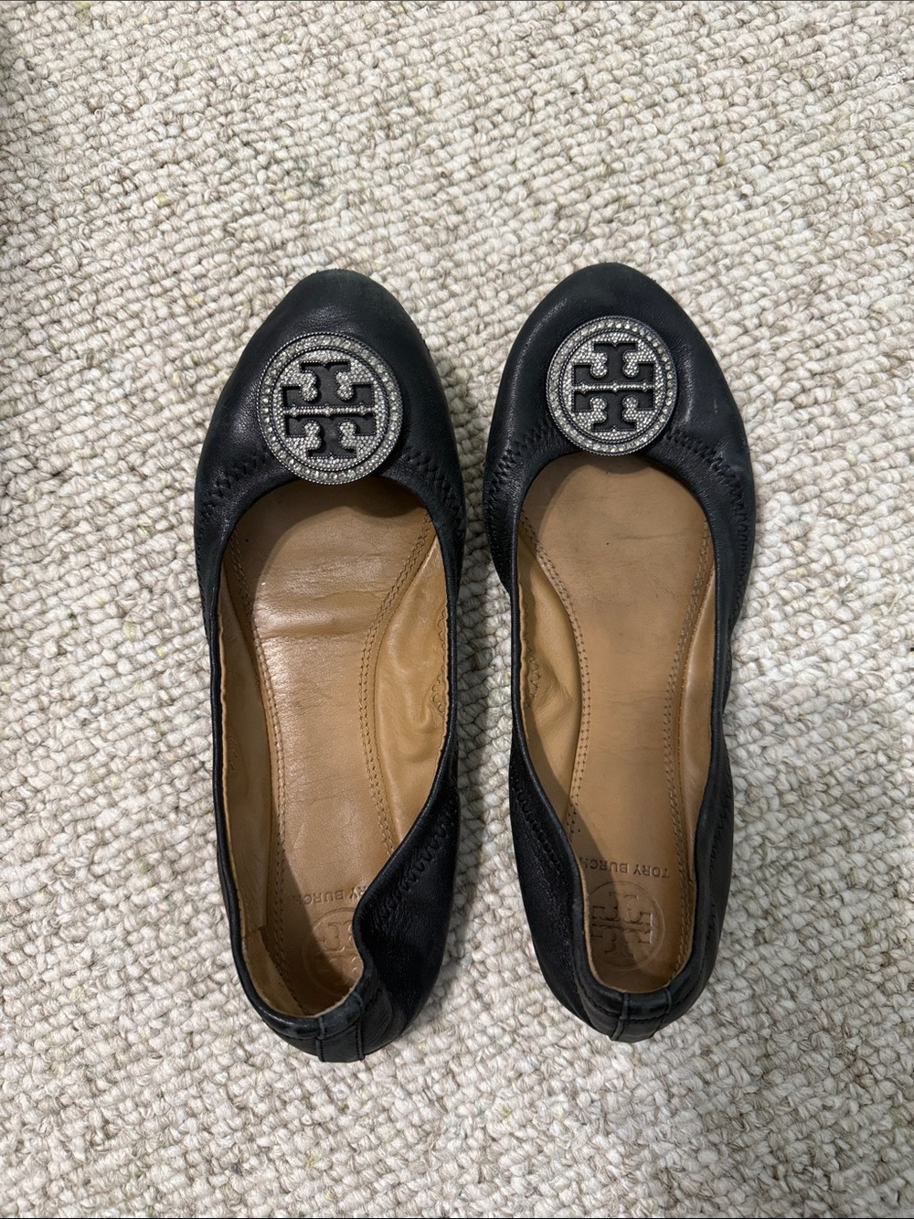 Tory Burch Black Leather Logo Medallion Flats